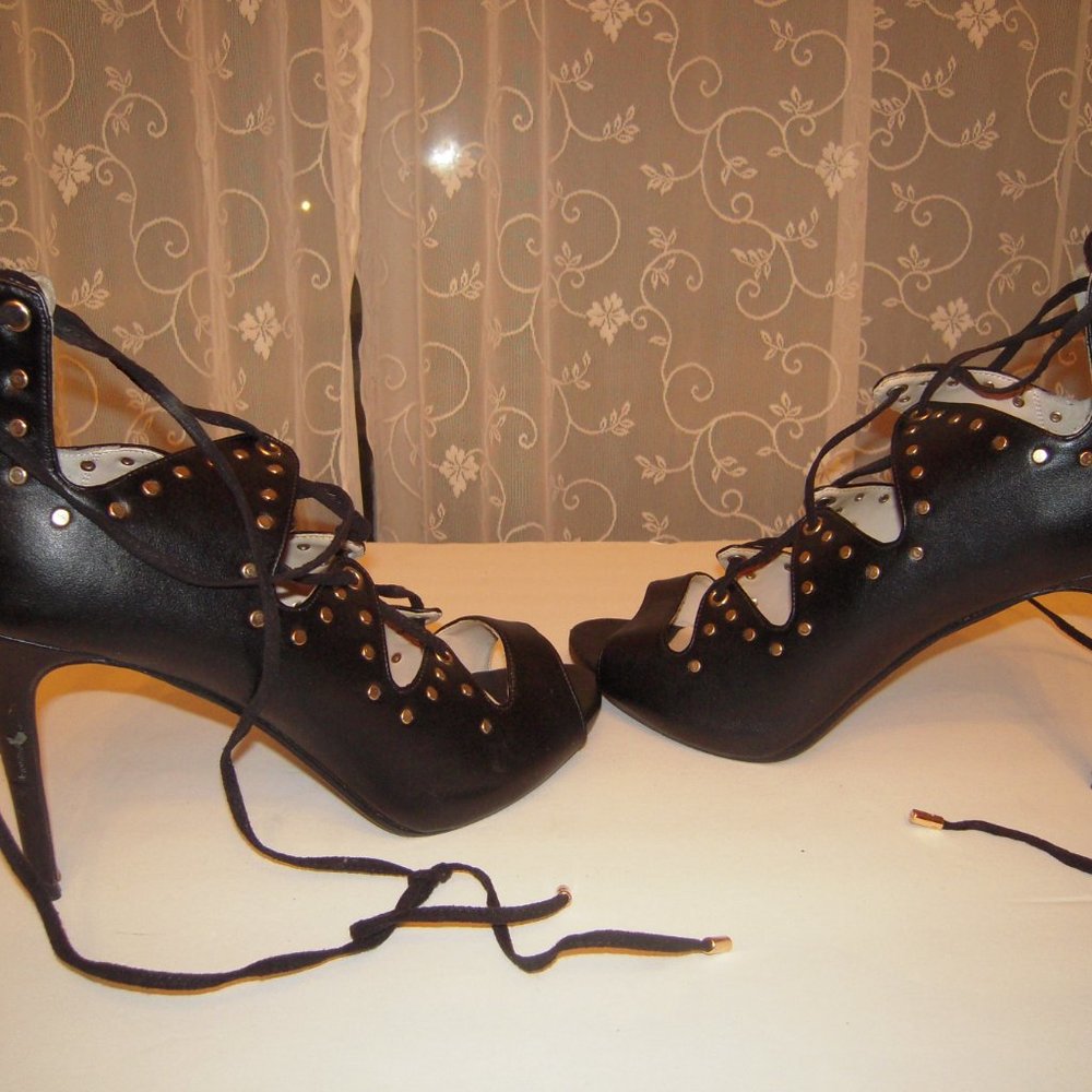 Strappy lace up  Sandals, black gold trim heels